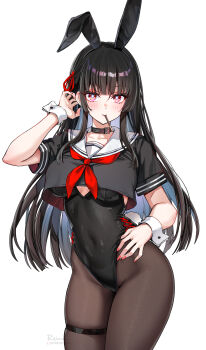 1girl adapted_costume animal_ear_hairband animal_ears black_choker black_hair black_leotard black_pantyhose black_shirt breasts bright_pupils chisa_(wuthering_waves) choker commentary covered_navel cowboy_shot crop_top fake_animal_ears fingernails food food_in_mouth foxyreine hair_ribbon hairband highleg highleg_leotard highres large_breasts leotard long_hair looking_at_viewer mole mole_under_eye neckerchief pantyhose pocky pocky_in_mouth rabbit_ear_hairband rabbit_ears red_eyes red_neckerchief red_ribbon ribbon sailor_collar shirt short_sleeves simple_background solo thigh_strap white_background white_pupils white_sailor_collar wuthering_waves