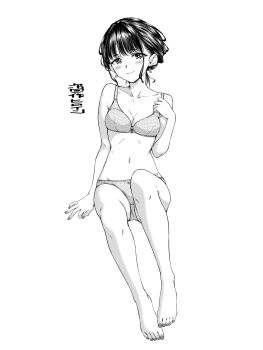 1girl absurdres barefoot blush bra breasts commentary_request earrings full_body greyscale hamao highres jewelry looking_at_viewer monochrome navel original panties short_hair sitting small_breasts smile solo underwear underwear_only