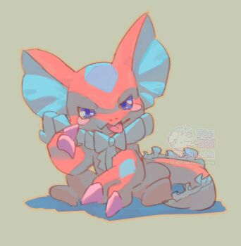 765_nanami absurdres blue_eyes blush_stickers digimon digimon_(creature) elizamon fins full_body head_fins highres lizard_tail no_humans simple_background sitting tail tongue tongue_out watermark