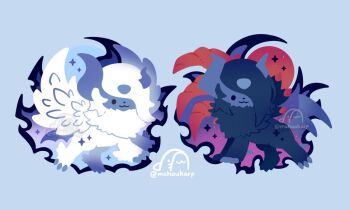 :3 absol animal_focus asymmetrical_horns black_fur black_hair blue_horns body_fur claws closed_mouth commentary english_commentary feathered_wings gen_3_pokemon hair_over_one_eye horns looking_at_viewer mahoukarp mega_absol mega_absol_z mega_pokemon neck_fur nintendo no_humans one_eye_covered pokemon pokemon_(creature) pokemon_focus red_wings smile solid_circle_eyes uneven_horns white_fur white_hair white_wings wings