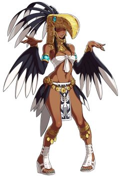 1girl breasts brown_hair curvy dancer dark-skinned_female dark_skin feet gold hands_up hat large_breasts long_hair shoes smile smiley_face standing tan the_king_of_fighters thick_thighs thighs toned toned_female wide_hips zarina