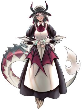 Rule 34 | 1girl, apron, black hair, breasts, dragon girl, dragon horns, dragon tail, dragon wings, dress, duel monster, glasses, green eyes, highres, horns, house dragonmaid, juliet sleeves, long sleeves, maid, maid apron, maid headdress, official art, puffy sleeves, simple background, solo, tail, wings, yu-gi-oh!