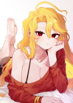 1girl absurdres ahoge armpit_crease barefoot bed_sheet black_bra blonde_hair bra breasts cleavage closed_mouth collarbone commentary don_quixote_(project_moon) eyelashes feet feet_up full_body hair_between_eyes highres large_breasts limbus_company long_hair looking_at_viewer lying off_shoulder on_stomach pmchell_04 project_moon red_eyes red_sweater sancho_(project_moon) simple_background soles solo sweater symbol-only_commentary the_pose toes underwear very_long_hair white_background