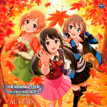 3girls aiba_yumi album_cover autumn_leaves belt black_hair bouquet breasts brown_eyes brown_hair cleavage cover earrings english_text falling_leaves flower green_eyes headphones holding idolmaster idolmaster_cinderella_girls japanese_text jewelry leaf low_twintails multiple_girls nakano_yuka neck_ribbon necklace official_art open_mouth ribbon skirt sweater_vest tada_riina thighhighs tree twintails water
