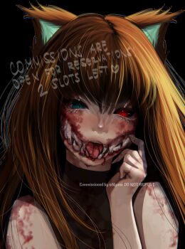 1girl animal_ears bleeding blood blood_on_face blue_eyes blunt_bangs body_horror brown_hair commentary extra_teeth fox_ears glasgow_smile grin hand_up head_tilt heterochromia highres long_hair looking_at_viewer monster_girl original portrait red_eyes sacrilaig shirt sleeveless sleeveless_shirt smile solo symbol-only_commentary tongue tongue_out very_long_hair
