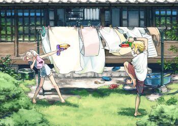 1boy 1girl alternate_costume architecture backyard barefoot blonde_hair brown_hair closed_eyes colored_inner_hair day dolphin_shorts east_asian_architecture flip-flops floating_hair grass grey_shorts hand_up holding holding_water_gun house koze_niire laundry_pole looking_at_another makaino_ririmu multicolored_hair nijisanji open_mouth outdoors pink_hair pink_shirt playing red_shorts sandals shirt shoes short_hair short_sleeves shorts smile spraying standing standing_on_one_leg t-shirt unworn_shoes uzuki_kou v-shaped_eyebrows virtual_youtuber wading_pool watch water_gun white_shirt wide_shot wristwatch