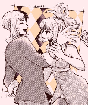 1boy 1girl asagiri_gen card closed_eyes danbingkelp dr._stone dress dropping hand_grab highres holding kohaku_(dr._stone) monochrome multicolored_hair open_mouth playing_card ponytail short_hair sly smile spiked_hair sweatdrop two-tone_hair