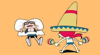 2girls aqua_skirt bikini black-framed_eyewear blonde_hair blue_bikini chibi glasses hat highres hotelblue instrument legs_apart lying madeline_(hotelblue) maracas multiple_girls on_back open_mouth original pencil_skirt pillow ponytail r.h red_hair shoes simple_background skirt sleeping sombrero swimsuit yellow_background