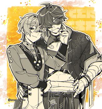 Rule 34 | 2boys, abs, ahoge, artist name, bandaged arm, bandaged torso, bandages, bandaid, bandaid on arm, bandaid on cheek, bandaid on chest, bandaid on face, bead bracelet, beads, border, bracelet, chinese clothes, cleavage cutout, closed mouth, clothing cutout, commentary request, crop top, crossed bangs, ear piercing, earrings, floral print, greyscale with colored background, hair between eyes, hair intakes, hair over one eye, hand on another's waist, hand on own hip, hand up, highres, jacket, jewelry, lighter (zenless zone zero), lollipop in mouth, long sleeves, looking at viewer, male focus, mandarin collar, multiple boys, one eye covered, open clothes, open jacket, orange background, outside border, pants, parted bangs, piercing, short hair, short sleeves, smile, smirk, standing, sunglasses, tangzhuang, tassel, twitter username, urouroshiro, white border, wise (soaring crane) (zenless zone zero), wise (zenless zone zero), zenless zone zero