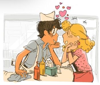 1boy 1girl aged_up black_hair blonde_hair curly_hair diner dubu274611 earrings glasses hat heart hetero jewelry ketchup_bottle linus_van_pelt mustard_bottle peanuts_(comic) pink_shirt sally_brown shirt short_hair sitting