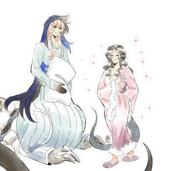 2girls alternate_costume anjo_nala aqua_eyes black_hair black_hands black_veil blue_veil blush breasts centauroid chimera claws cleavage closed_eyes closed_mouth collarbone colored_extremities commentary dress english_commentary flat_chest full_body gradient_skin grey_horns highres holding holding_pillow horns lizard_tail long_hair long_sleeves looking_at_another loungewear low_horns medium_breasts monster_girl multiple_girls nautika_(reverse:1999) pajamas pants parted_bangs parted_lips pillow pink_hair red_dress reverse:1999 sidelocks signature sitting slippers smile sparkle standing striped_clothes striped_pajamas striped_pants swept_bangs tail taur two-tone_veil uncanonvalley veil very_long_hair wavy_hair white_pajamas white_pants wide_sleeves