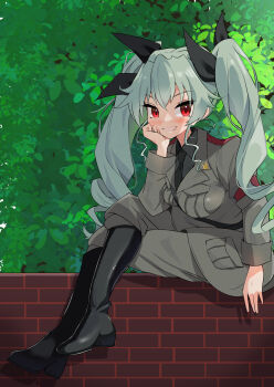 1girl absurdres anchovy_(girls_und_panzer) anzio_military_uniform black_boots black_necktie black_ribbon blaze_(blazeillust) blush boots breasts brick_wall bush drill_hair girls_und_panzer green_hair grin hair_ribbon hashtag-only_commentary highres long_hair necktie red_eyes ribbon shadow sitting_on_wall smile twin_drills