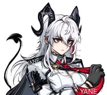 1girl adjusting_clothes adjusting_necktie arm_pouch artist_name black_gloves black_horns black_jacket black_tail breasts button_gap chest_harness chinese_commentary collared_shirt commentary_request curled_horns demon_tail earrings gloves hair_between_eyes harness highres horns jacket jacket_on_shoulders jewelry key_earrings large_breasts long_hair multicolored_hair necktie pouch red_eyes red_necktie shirt simple_background solo streaked_hair tail upper_body white_background white_shirt wuthering_waves wuyan057 zani_(wuthering_waves)