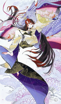 1girl absurdres bird black_hair closed_eyes closed_mouth commentary_request crane_(animal) eyelashes eyeshadow floating_hair full_body hair_over_face hand_fan highres japanese_clothes kimono long_hair makeup multicolored_hair multiple_girls original paper_fan print_background print_kimono red_eyeshadow red_hair shiguretau solo toes traditional_media two-tone_hair uchikake very_long_hair wide_sleeves