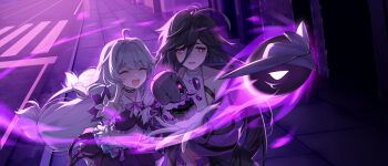 Rule 34 | 2girls, ahoge, artist request, bad link, black collar, black hair, blush, bow, breasts, closed eyes, collar, collarbone, cropped shirt, crosswalk, floating, floating head, fur-trimmed skirt, fur trim, game cg, hair between eyes, halterneck, hela (last origin), highres, jacket, large breasts, last origin, long hair, messy hair, multiple girls, navel, official art, open clothes, open hand, open jacket, open mouth, outdoors, pink bow, pointing, pubic tattoo, purple eyes, purple jacket, purple light, purple shirt, purple skirt, robot, sailor collar, shirt, sidelocks, sidewalk, skirt, smile, soulworker, standing, stella unibell, tattoo, very long hair, white hair, white sailor collar