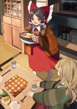 2girls absurdres ascot blonde_hair bottle bow brown_eyes brown_hair chopsticks coat cup cushion food frilled_bow frilled_hair_tubes frills green_tea hair_bow hair_tubes hakurei_reimu hanten_(clothes) highres hotpot indoors kirisame_marisa kotatsu multiple_girls mushroom nabe oven_mitts plate portable_stove red_shirt red_skirt shi_chimi shiitake shirt skirt skirt_set smile socks sukiyaki table tea tofu touhou under_kotatsu under_table vegetable white_coat white_socks yellow_ascot yunomi zabuton