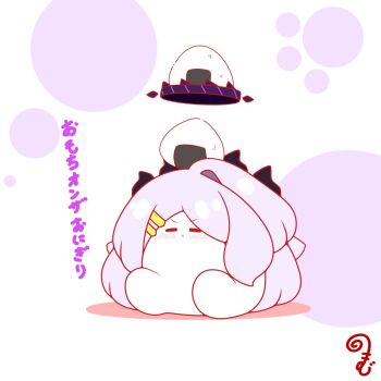 :&lt; blue_archive blush chibi closed_eyes closed_mouth colored_shadow commentary_request facing_viewer food full_body grey_hair halo highres hina_(blue_archive) horns kurukurumagical long_hair onigiri parted_bangs shadow simple_background single_hair_intake sitting solo translation_request v-shaped_eyebrows very_long_hair white_background