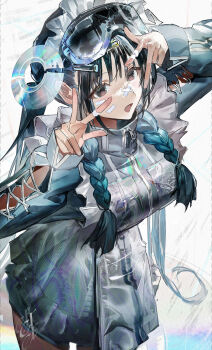 1girl bandaid bandaid_on_face bandaid_on_finger bandaid_on_hand black_hair blush braid breasts brown_eyes dress et_atr3 frilled_dress frills hair_ornament highres long_hair long_sleeves mask mask_on_head open_mouth original sidelocks simple_background skirt solo twin_braids white_background