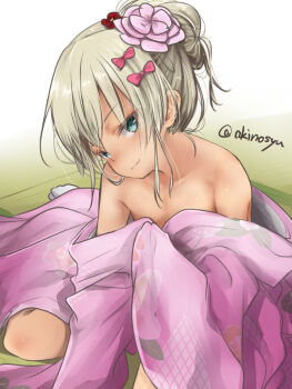 1girl akino_shuu artist_name blonde_hair bow closed_mouth commentary_request flower grecale_(kancolle) green_eyes grey_hair hair_bow hair_flower hair_ornament japanese_clothes kantai_collection kimono loli looking_at_viewer pink_kimono solo twitter_username updo