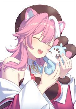 Rule 34 | 1girl, absurdres, animal ears, beret, black hat, black shirt, breasts, brooch, center-flap bangs, chattino (raora panthera), closed eyes, collared vest, commentary, double-parted bangs, extra ears, hat, highres, hololive, hololive english, jacket, jewelry, large breasts, off shoulder, open mouth, panther ears, panther girl, pink hair, pink jacket, raora panthera, raora panthera (1st costume), resu desu, shirt, sidelocks, simple background, sleeveless, sleeveless shirt, smile, solo, strapless, strapless shirt, symbol-only commentary, upper body, vest, virtual youtuber, white background, white streaks, white vest