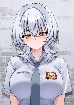 1girl absurdres aldided blush breasts closed_mouth collared_shirt commentary english_commentary grey_hair grey_necktie highres indonesian_high_school_uniform large_breasts looking_at_viewer name_tag necktie original school_uniform shirt short_hair short_sleeves smile solo white_shirt wolf_cut yellow_eyes