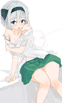 1girl absurdres black_hairband blue_eyes blush bra collarbone commentary_request covering_breasts covering_privates double_strap_slip green_skirt grey_hair hairband highres hitodama konpaku_youmu konpaku_youmu_(ghost) looking_at_viewer navel nise6 open_mouth pleated_skirt shirt short_sleeves sitting skirt solo strap_slip touhou underwear white_bra white_shirt