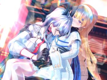 2girls 3d ari0futon black_gloves blonde_hair blush closed_eyes closed_mouth commentary dress earrings gloves grey_hair hair_ornament hairband hand_on_another&#039;s_waist hashtag-only_commentary highres holding_hands horns interlocked_fingers jewelry key_earrings long_sleeves multiple_girls parted_lips phoebe_(wuthering_waves) purple_eyes shirt sitting sitting_on_lap sitting_on_person smile sunlight watermark white_dress white_hairband white_shirt wuthering_waves yuri zani_(wuthering_waves)