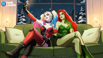 bare_shoulders batman_(series) black_gloves black_thighhighs blonde_hair blue_eyes blue_eyeshadow boots bracelet cellphone choker colored_skin colored_tips couch crossed_legs dc:_dark_legion dc_comics eyeshadow fingerless_gloves gloves green_eyes green_gloves green_leotard green_skin harley_quinn highres holster indoors jewelry knee_pads leotard makeup multicolored_hair on_couch orange_hair parted_lips phone pillow poison_ivy red_eyeshadow red_gloves red_lips red_thighhighs selfie single_knee_pad sitting smartphone snow snowing spiked_bracelet spikes strapless strapless_leotard taking_picture teeth thigh_holster thighhighs tree twintails wavy_hair white_skin window