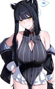1girl absurdres alternate_costume animal_ear_fluff animal_ears bare_shoulders black_dress black_jacket blue_archive blue_halo blush breasts cleavage closed_mouth commentary_request cosplay covered_navel dress green_eyes halo hand_on_own_hip highres jacket kokona_(blue_archive) kokona_(blue_archive)_(cosplay) korean_commentary large_breasts long_hair mandarin_collar open_clothes open_jacket pyeong_il shun_(blue_archive) side_ponytail skirt sleeveless sleeveless_dress smile solo very_long_hair white_skirt