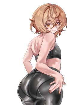 1girl absurdres ass ass_focus back brown_hair clio_aite flat_chest glasses highres huge_ass mii_das orange_eyes pantyhose phase_connect presenting presenting_ass round_eyewear short_hair sports_bra standing virtual_youtuber white_background