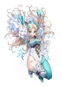 Rule 34 | 1girl, aqua eyes, aqua pantyhose, arms up, asymmetrical legwear, blonde hair, breasts, ereshkigal (fate), fate/grand order, fate (series), floating, floating hair, full body, highres, impossible clothes, juliet sleeves, knee armor, leotard, long hair, long sleeves, medium breasts, pantyhose, puffy sleeves, single leg pantyhose, single thighhigh, smile, solo, space ereshkigal (fate), star (symbol), star symbol background, thighhighs, tiara, white thighhighs, woong.i