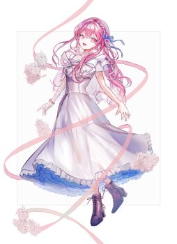1girl absurdres blue_bow boots bow braid dress floating_hair flower frilled_dress frills hair_bow head_tilt highres long_hair long_skirt looking_at_viewer open_mouth original pink_eyes pink_hair pink_ribbon pipi_(pipinavigation) ribbon skirt smile standing wavy_hair white_background white_bow white_dress