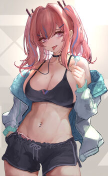 1girl asaikeu azur_lane bikini black_bikini black_choker black_shorts breasts bremerton_(azur_lane) candy choker chupa_chups cleavage collarbone fingernails food green_jacket hair_intakes highres holding holding_candy holding_food jacket large_breasts lollipop looking_at_viewer midriff mole mole_on_breast mole_under_eye multicolored_hair multicolored_jacket nail_polish navel navel_piercing piercing pink_eyes pink_nails red_hair shorts solo stomach streaked_hair swimsuit thighs tongue tongue_out twintails two-tone_jacket white_jacket