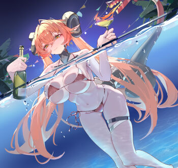 1girl 1other absurdres against_glass alcohol alternate_breast_size_(larger) bare_shoulders bikini black_horns breast_press breasts breasts_on_glass champagne chinese_commentary cocktail_glass commentary_request cup dragon_girl dragon_horns drinking_glass fire green_eyes gun hair_between_eyes highres horns in_water large_breasts long_hair looking_at_viewer magus_(zenless_zone_zero) mechanical_horns mechanical_tail navel night orange_hair orange_pupils orphie_magnusson palm_tree pool red_bikini smile stomach sumi_momo swimsuit tail thigh_strap tree twintails water weapon zenless_zone_zero