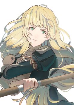 1girl blonde_hair breasts closed_mouth commentary_request fire_emblem fire_emblem:_three_houses floating_hair garreg_mach_monastery_uniform green_eyes grey_background highres holding holding_polearm holding_weapon ingrid_brandl_galatea long_hair long_sleeves looking_at_viewer medium_breasts nintendo polearm simple_background solo spear un_faro very_long_hair weapon