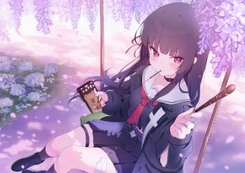 1girl absurdres arm_cutout black_hair black_jacket black_serafuku black_shirt black_shoes black_skirt black_socks blush box breasts chisa_(wuthering_waves) closed_mouth clothing_cutout commentary_request fingernails food food_in_mouth hair_ribbon highres holding holding_box holding_food holding_pocky jacket long_hair looking_at_viewer medium_breasts mikkan0727 neckerchief on_swing pink_nails pocky pocky_in_mouth red_eyes red_neckerchief red_ribbon ribbon sailor_collar school_uniform serafuku shirt shoes skirt smile socks solo swing swing_set thigh_strap thighs white_sailor_collar wuthering_waves