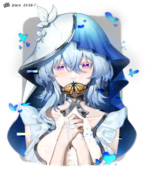 Rule 34 | 1girl, absurdres, blue hair, blue veil, bug, butterfly, colored eyelashes, commentary request, dress, hair between eyes, highres, insect, jewelry, long hair, looking at viewer, mrojmd, purple eyes, shorekeeper (wuthering waves), solo, two-tone veil, upper body, veil, white dress, white veil, wuthering waves