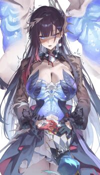 2girls absurdres asymmetrical_gloves black_dress black_gloves black_shrug blue_eyes blush breasts cerydra_(honkai:_star_rail) cleavage colored_inner_hair commentary cowboy_shot dress drooling earclip english_commentary female_pov framed_cleavage gloves grey_hair hair_ornament half-closed_eye half-closed_eyes highres honkai:_star_rail honkai_(series) hysilens_(honkai:_star_rail) jewelry large_breasts long_hair long_sleeves looking_at_hand looking_down mismatched_gloves multicolored_hair multiple_girls netural open_mouth partially_shaded_face pov pov_hands purple_hair red_gloves ring scales see-through_body shrug_(clothing) solo_focus streaked_hair thigh_gap thighs trembling very_long_hair wet yuri