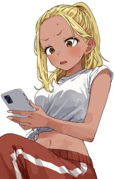 1girl absurdres blonde_hair blush cellphone gyaru highres holding holding_phone ichinose_karina long_hair manemane_nichinichi midriff navel official_art open_mouth pants phone ponytail red_pants shirt short_sleeves simple_background smartphone solo sweatdrop t-shirt tan tied_shirt track_pants white_background white_shirt yamamoto_souichirou