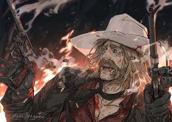 1boy absurdres black_gloves black_necktie blood blood_on_clothes blood_on_face chest_hair cowboy_hat dual_wielding embers english_text facial_hair fangs gloves gun handgun hat highres holding looking_ahead male_focus mature_male micah_bell mustache necktie nyeigneous open_mouth red_dead_redemption_(series) red_dead_redemption_2 revolver shell_bullet smoke smoking_barrel solo weapon white_hat
