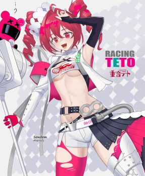 1girl absurdres ahoge arm_up artist_name asymmetrical_legwear asymmetrical_sleeves belt black_belt black_skirt black_sleeves breasts buttons character_name compression_sleeve cosplay cowboy_shot cropped_shirt denim denim_shorts drill_hair elbow_gloves fang fingernails gloves goodsmile_company goodsmile_racing groin hair_ornament half-skirt hatsune_miku hatsune_miku_(cosplay) helmet highres holding holding_megaphone kasane_teto loginazfy long_hair long_sleeves looking_at_viewer medium_breasts megaphone micro_shorts motorcycle_helmet navel open_mouth pink_gloves pink_helmet pink_skirt pink_thighhighs pleated_skirt racing_miku racing_miku_(2025) red_eyes red_hair red_nails shirt shorts skirt sleeves_past_wrists solo standing thighhighs tongue torn_clothes torn_thighhighs twin_drills twitter_username underboob uneven_legwear uneven_sleeves unworn_headwear unworn_helmet utau vocaloid white_shirt white_thighhighs