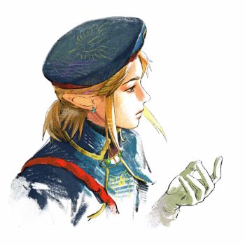 1boy aiguillette aizheajsee blonde_hair blue_capelet blue_eyes blue_hat blue_shirt capelet earrings from_above from_side gloves half_updo hand_up hat highres jewelry link looking_ahead looking_at_viewer male_focus nintendo pointy_ears ponytail print_headwear profile reaching royal_guard_set_(zelda) shirt sidelocks simple_background solo the_legend_of_zelda the_legend_of_zelda:_breath_of_the_wild upper_body white_background white_gloves