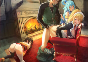1boy 3girls age_difference aqua_(konosuba) ass blonde_hair blue_eyes blue_hair breasts brown_hair carpet censored clothes_grab clothes_pull commentary darkness_(konosuba) english_commentary fireplace grabbing_another's_sleeve hair_ornament hair_rings harem hetero indoors kono_subarashii_sekai_ni_shukufuku_wo! large_breasts loli long_hair maid_headdress megumin mosaic_censoring multiple_girls pants pants_pull satou_kazuma sex sex_from_behind short_hair_with_long_locks single_hair_ring sphere_hair_ornament spykeee standing standing_sex track_suit