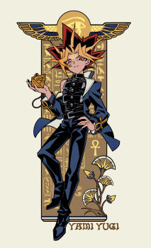 Rule 34 | 1boy, absurdres, ankh, arm up, belt, belt buckle, black belt, black shirt, blue jacket, blue pants, buckle, character name, commentary request, facial mark, forehead mark, full body, grey background, hand on own hip, hieroglyphics, highres, holding, jacket, long sleeves, looking at viewer, male focus, multicolored jacket, open clothes, open jacket, pants, parted lips, red eyes, saka nagiya, shirt, shoes, smirk, solo, two-tone jacket, white jacket, yami yugi, yu-gi-oh!, yu-gi-oh! duel monsters