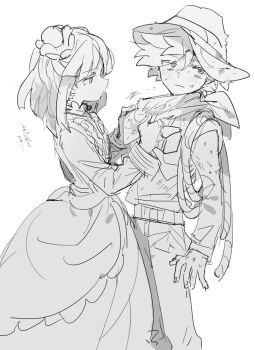 Rule 34 | 1boy, 1girl, adjusting another's clothes, adventurer cookie, bad id, bad twitter id, blackberry cookie, blush, cookie run, cowboy shot, dress, flower, gothic lolita, greyscale, hair flower, hair ornament, hat, hetero, humanization, inactive account, lolita fashion, long sleeves, looking to the side, medium hair, monochrome, nana (ebitokanimiso), painttool sai (medium), pants, rope, short hair, simple background, sketch, standing, sweatdrop, translation request, white background