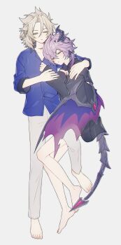 2boys absurdres albedo_(genshin_impact) black_shirt blonde_hair blue_shirt braid clothing_cutout collared_shirt colored_eyelashes commentary_request cuddling dragon_boy dragon_horns dragon_tail dragon_wings durin_(genshin_impact) genshin_impact grey_pants half_up_braid highres horns korean_commentary mechakuchajinse multiple_boys oversized_clothes oversized_shirt pants purple_hair shirt simple_background sleeping tail wings