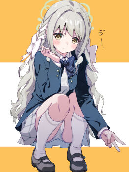 1girl akayama_yukihe black_bow black_bowtie black_shoes blue_archive blush bow bowtie braid brown_hair buttons closed_mouth collared_shirt commentary diagonal-striped_bow diagonal-striped_bowtie diagonal-striped_clothes frown full_body furrowed_brow green_halo green_jacket hair_between_eyes hair_bow hair_intakes hair_ribbon halo hand_up highres jacket kneehighs long_hair long_sleeves looking_at_viewer mary_janes miyo_(blue_archive) open_clothes open_jacket panties ribbon ribbon_braid school_uniform shirt shoes side_braid simple_background socks solo split_mouth squatting striped_bow striped_bowtie striped_clothes two-tone_background underwear v very_long_hair wavy_hair white_background white_bow white_panties white_ribbon white_shirt white_shoes yellow_background yellow_eyes
