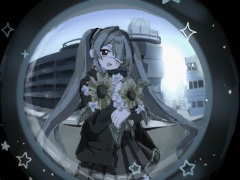 1girl aqua_hair black_eyes black_jacket black_skirt blush bouquet building eyepatch fisheye flower hatsune_miku highres holding holding_bouquet holding_flower jacket long_hair long_sleeves looking_at_viewer medical_eyepatch monitoring_(vocaloid) one_eye_covered open_mouth outdoors peephole pleated_skirt pov pov_peephole school_uniform shirt skirt smile solo sparkle star_(symbol) sunflower twintails very_long_hair white_flower yukitomo_(motcha111)
