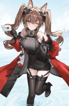 1girl :3 absurdres angelina_(arknights) animal_ear_fluff animal_ears arknights arknights:_endfield bare_shoulders black_boots black_gloves black_thighhighs boots bracelet breasts brown_hair coat commentary_request day diamond-shaped_pupils diamond_(shape) dot_nose double-parted_bangs dress elbow_gloves fold-over_boots fox_ears fox_girl gilberta_(arknights) gloves grey_dress hair_between_eyes hair_intakes hand_on_own_hip headgear high_collar high_heel_boots high_heels highres holding holding_letter impossible_clothes impossible_dress jewelry leg_up letter long_hair long_sleeves looking_at_viewer medium_breasts nagine ocean off_shoulder one_eye_closed orange_eyes overcast red_coat ripples short_dress simple_background skindentation sky sleeveless sleeveless_dress solo standing standing_on_one_leg symbol-shaped_pupils thighhighs twintails wading white_background zettai_ryouiki