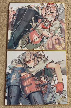 Rule 34 | 2girls, black boots, black one-piece swimsuit, blue eyes, boots, brown hair, closed mouth, competition swimsuit, drum (kancolle), fingerless gloves, garrison cap, gloves, hair ornament, hat, headgear, highres, jacket, kantai collection, long hair, looking at viewer, mechanical boots, military hat, multiple girls, one-piece swimsuit, open mouth, pink hair, red gloves, red hat, sadakuma, scarf, shikishi, star (symbol), star hair ornament, swimsuit, teeth, traditional media, twintails, wahoo (kancolle), white gloves, white jacket, white scarf, yellow eyes